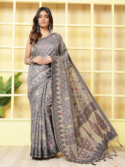 MEENA BAZAAR - Grey Cotton Saree With Unstitched Blouse