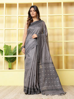 MEENA BAZAAR - Grey Cotton Saree With Unstitched Blouse