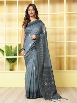 MEENA BAZAAR - Blue Cotton Saree With Unstitched Blouse