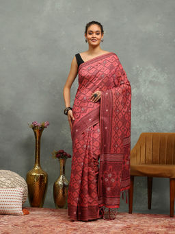 MEENA BAZAAR - Pink Cotton Saree With Unstitched Blouse