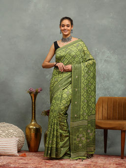 MEENA BAZAAR - Green Cotton Saree With Unstitched Blouse