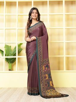 MEENA BAZAAR - Printed Brown Crepe Saree With Unstitched Blouse