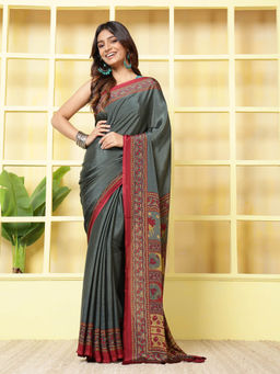 MEENA BAZAAR - Printed Grey Crepe Saree With Unstitched Blouse
