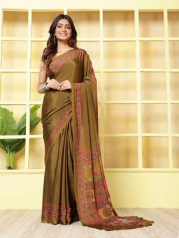 MEENA BAZAAR - Printed Olive Crepe Saree With Unstitched Blouse