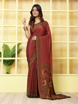 MEENA BAZAAR - Printed Rust Crepe Saree With Unstitched Blouse