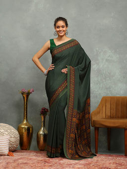 MEENA BAZAAR - Printed Green Crepe Saree With Unstitched Blouse