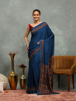MEENA BAZAAR - Printed Blue Crepe Saree With Unstitched Blouse