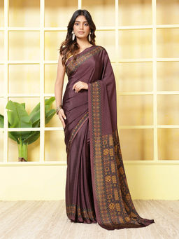 MEENA BAZAAR - Printed Brown Crepe Saree With Unstitched Blouse