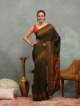 MEENA BAZAAR - Printed Green Crepe Saree With Unstitched Blouse