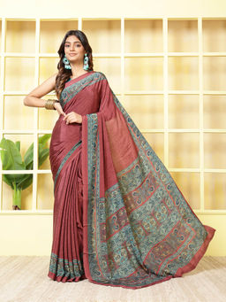 MEENA BAZAAR - Printed Maroon Crepe Saree With Unstitched Blouse