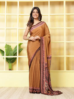 MEENA BAZAAR - Printed Brown Crepe Saree With Unstitched Blouse