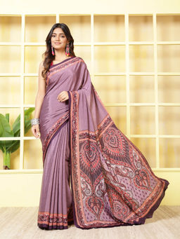 MEENA BAZAAR - Printed Mauve Crepe Saree With Unstitched Blouse