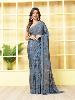 MEENA BAZAAR - Printed Blue Crepe Saree With Unstitched Blouse