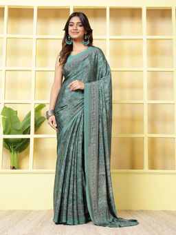 MEENA BAZAAR - Printed Green Crepe Saree With Unstitched Blouse