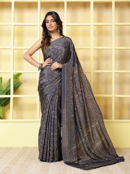 MEENA BAZAAR - Printed Grey Crepe Saree With Unstitched Blouse