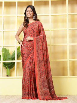 MEENA BAZAAR - Printed Orange Crepe Saree With Unstitched Blouse