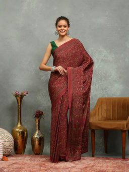 MEENA BAZAAR - Printed Pink Crepe Saree With Unstitched Blouse