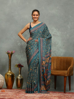 MEENA BAZAAR - Printed Blue Crepe Saree With Unstitched Blouse