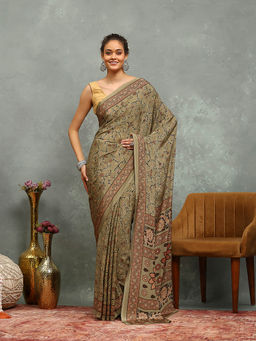 MEENA BAZAAR - Printed Beige Crepe Saree With Unstitched Blouse
