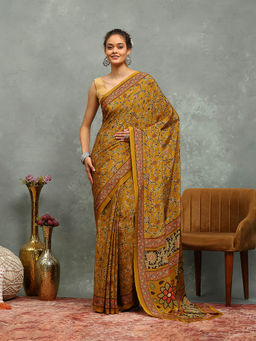 MEENA BAZAAR - Printed Mustard Crepe Saree With Unstitched Blouse