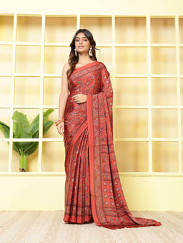 MEENA BAZAAR - Printed Orange Crepe Saree With Unstitched Blouse
