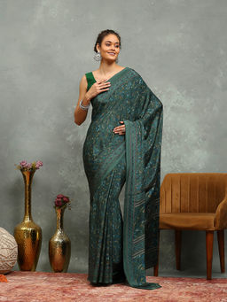 MEENA BAZAAR - Printed Green Crepe Saree With Unstitched Blouse