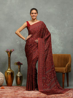MEENA BAZAAR - Printed Brown Crepe Saree With Unstitched Blouse