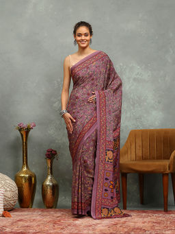 MEENA BAZAAR - Printed Mauve Crepe Saree With Unstitched Blouse