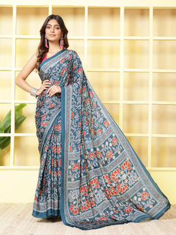 MEENA BAZAAR - Printed Blue Crepe Saree With Unstitched Blouse