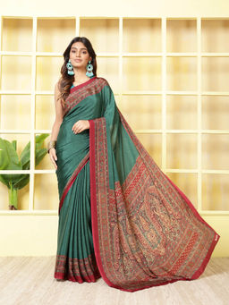 MEENA BAZAAR - Printed Green Crepe Saree With Unstitched Blouse