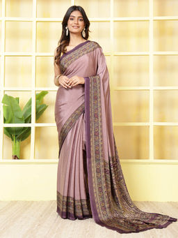 MEENA BAZAAR - Printed Purple Crepe Saree With Unstitched Blouse