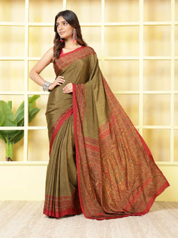 MEENA BAZAAR - Printed Green Crepe Saree With Unstitched Blouse