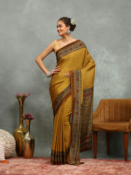 MEENA BAZAAR - Printed Yellow Crepe Saree With Unstitched Blouse