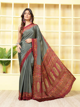 MEENA BAZAAR - Printed Grey Crepe Saree With Unstitched Blouse