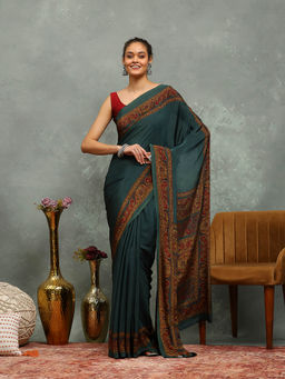 MEENA BAZAAR - Printed Blue Crepe Saree With Unstitched Blouse