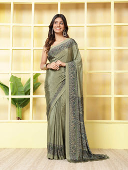 MEENA BAZAAR - Printed Green Crepe Saree With Unstitched Blouse