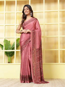 MEENA BAZAAR - Printed Pink Crepe Saree With Unstitched Blouse