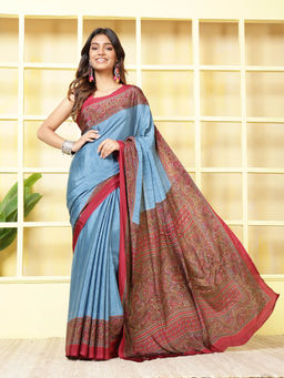 MEENA BAZAAR - Printed Blue Crepe Saree With Unstitched Blouse