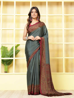 MEENA BAZAAR - Printed Blue Crepe Saree With Unstitched Blouse