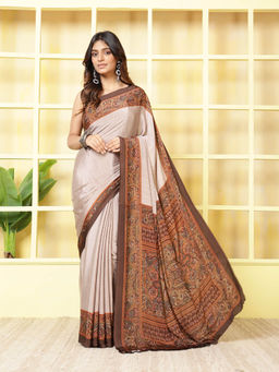 MEENA BAZAAR - Printed Grey Crepe Saree With Unstitched Blouse