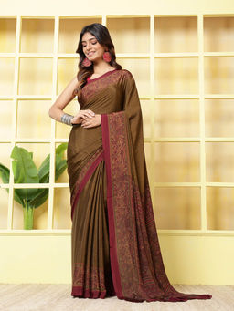 MEENA BAZAAR - Printed Green Crepe Saree With Unstitched Blouse