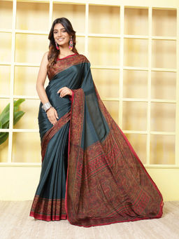 MEENA BAZAAR - Printed Blue Crepe Saree With Unstitched Blouse