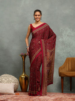 MEENA BAZAAR - Printed Magenta Crepe Saree With Unstitched Blouse