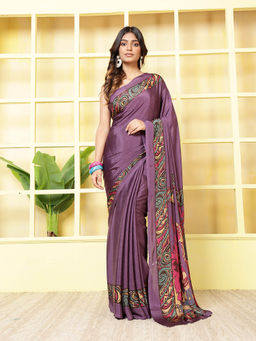 MEENA BAZAAR - Printed Purple Crepe Saree With Unstitched Blouse