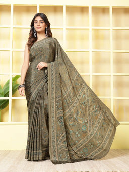 MEENA BAZAAR - Printed Green Crepe Saree With Unstitched Blouse