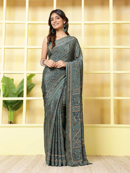 MEENA BAZAAR - Printed Grey Crepe Saree With Unstitched Blouse