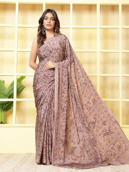 MEENA BAZAAR - Printed Purple Crepe Saree With Unstitched Blouse
