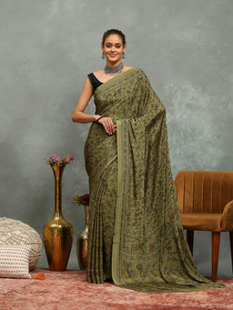 MEENA BAZAAR - Printed Green Crepe Saree With Unstitched Blouse