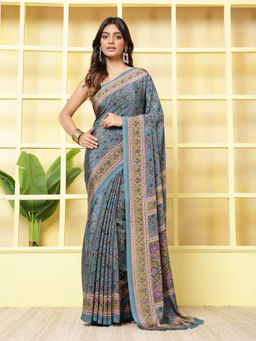 MEENA BAZAAR - Printed Blue Crepe Saree With Unstitched Blouse