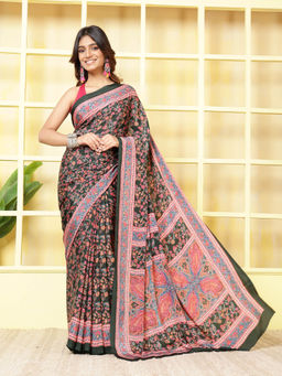 MEENA BAZAAR - Printed Green Crepe Saree With Unstitched Blouse
